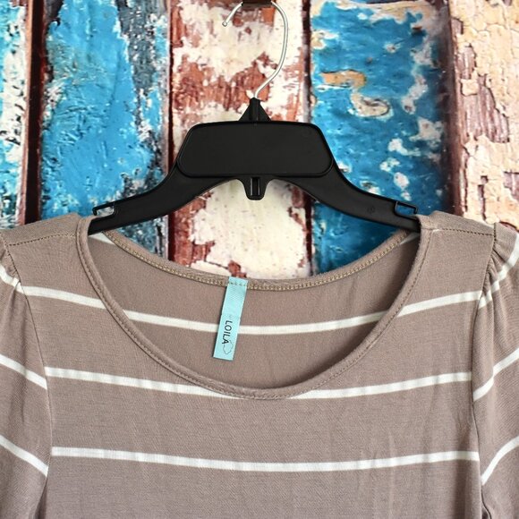 Women's Loila Dress Striped 3/4 Sleeve Crew Neck Belted SMALL Brown - Picture 3 of 13